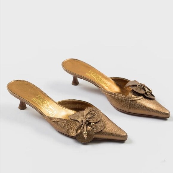 Salvator Ferragamo Gold Floral Kitten Heel Open Back Heels - Picture 1 of 13